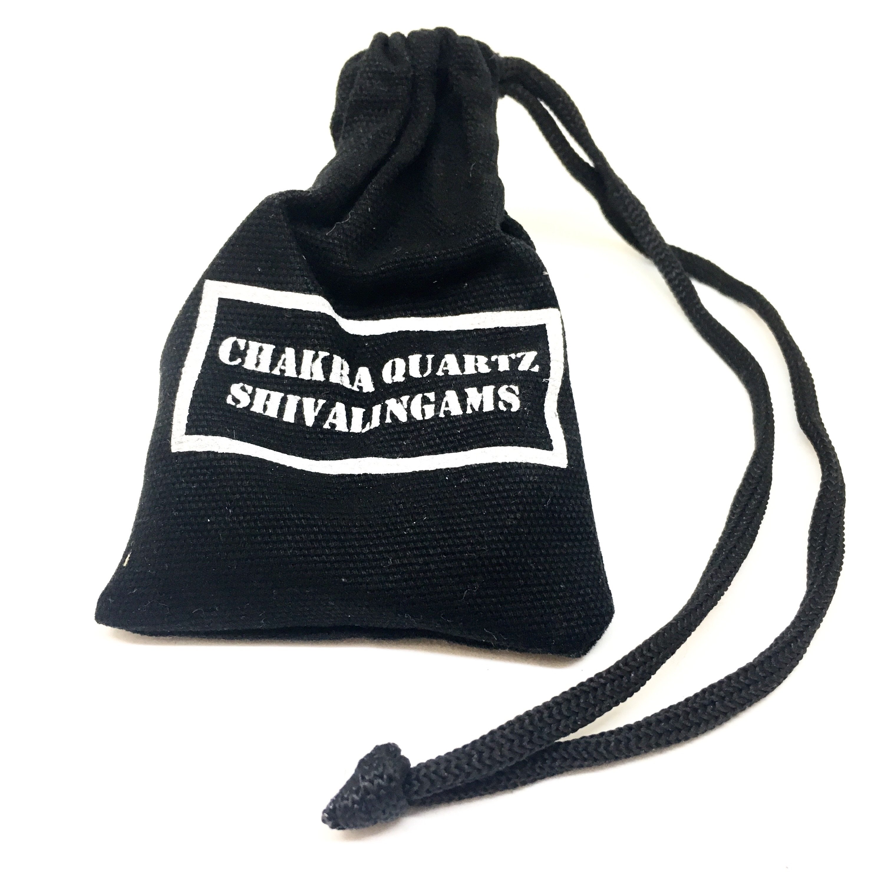 Black drawstring pouch with text.
