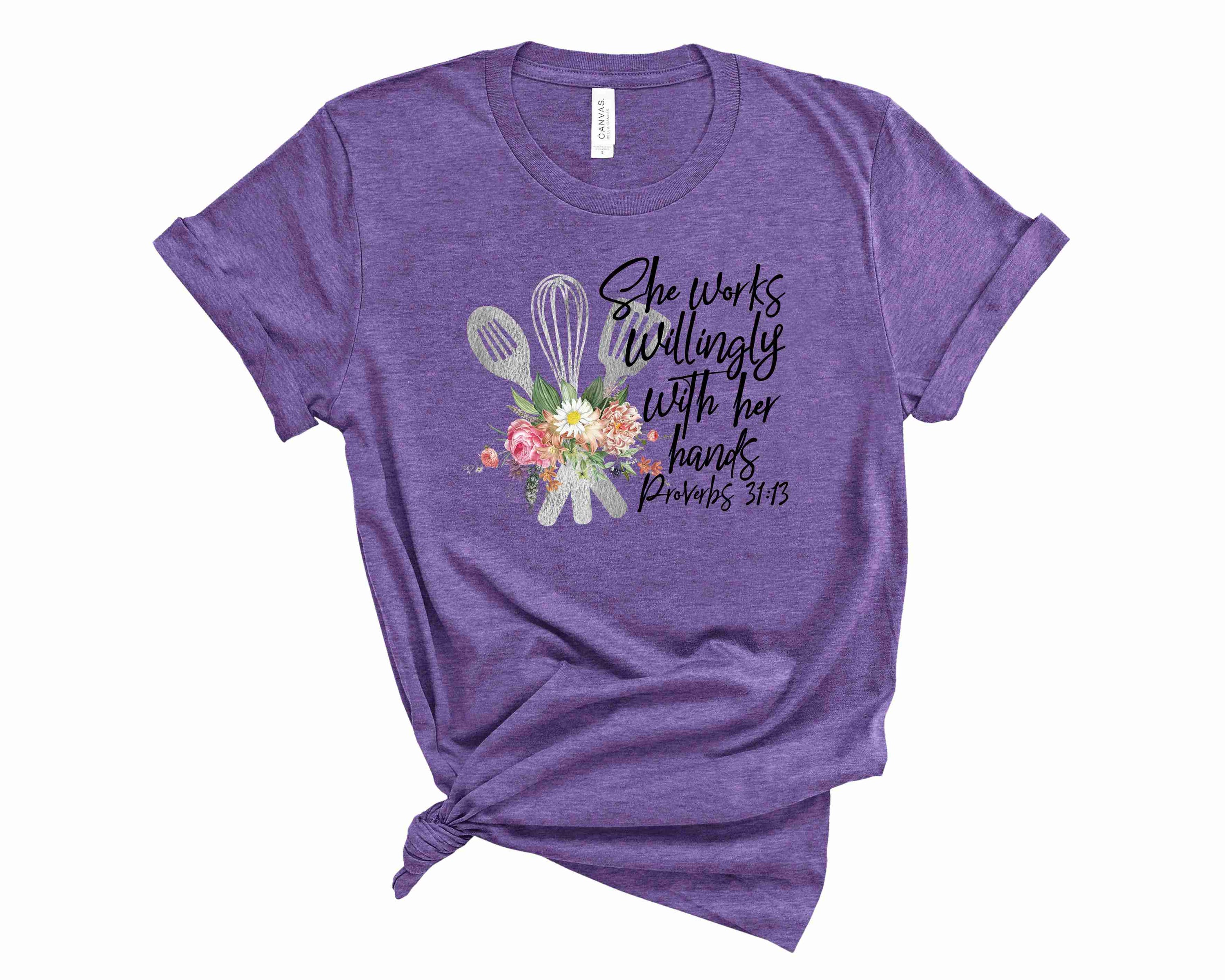 A unisex graphic tee featuring the inspirational Proverbs 31:13 design, perfect for chefs and food lovers.