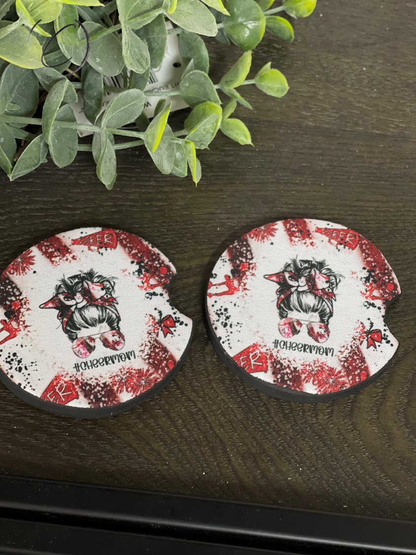 A stylish #Cheermom Messy Bun car coaster set made of durable neoprene, featuring a trendy design perfect for cheer moms.