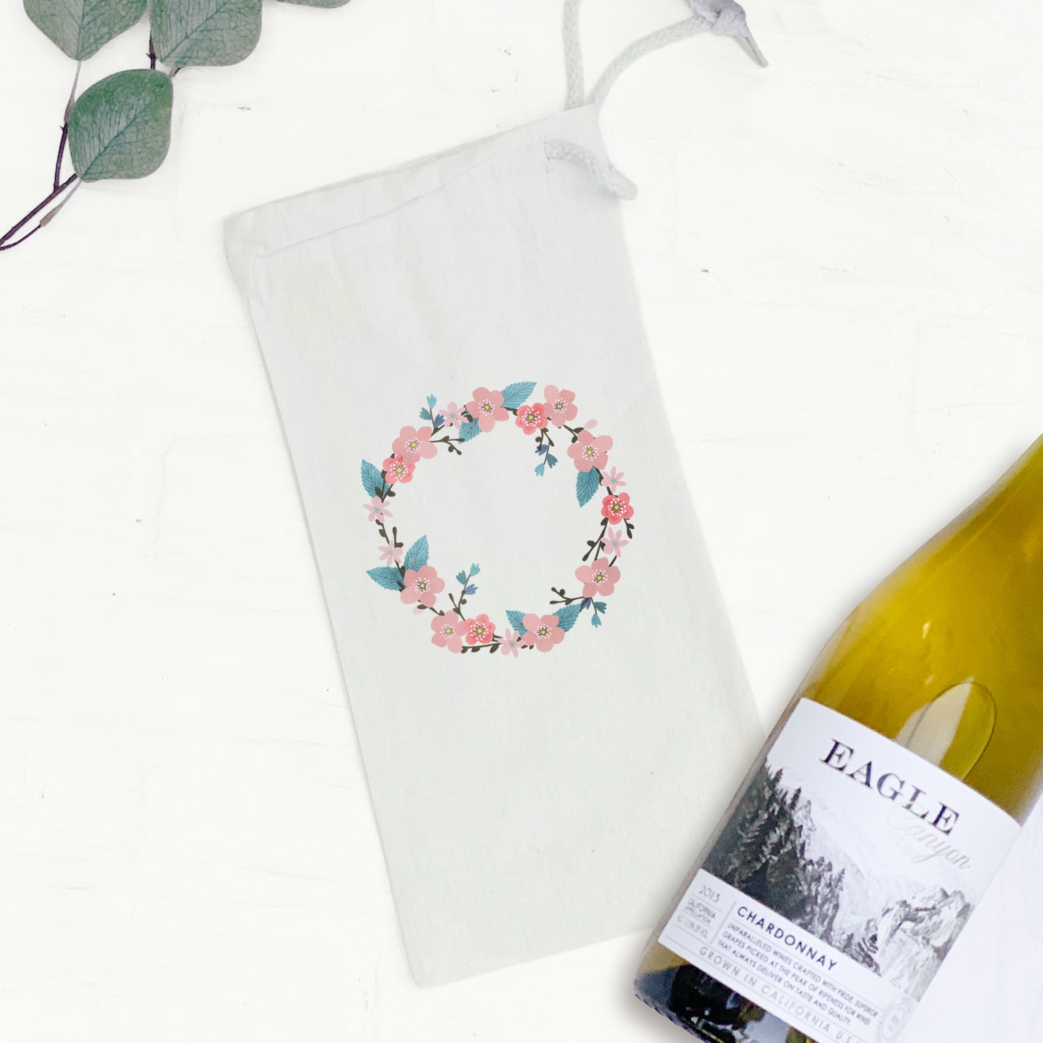 Cherry Blossom Wreath canvas wine bag featuring a floral design, perfect for gifting wine bottles.