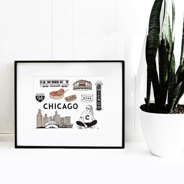 Chicago Art Print featuring vibrant cityscape design on high-quality paper.