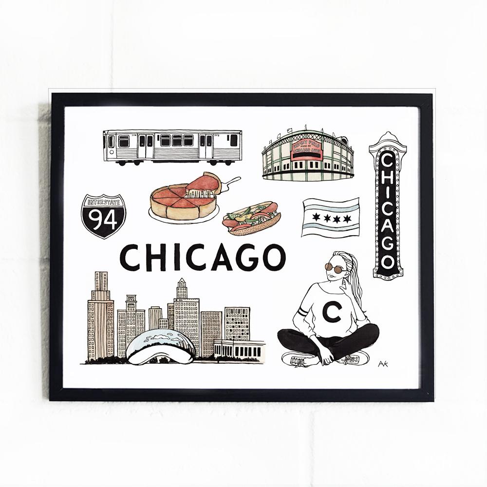 Chicago Art Print featuring vibrant cityscape design on high-quality paper.
