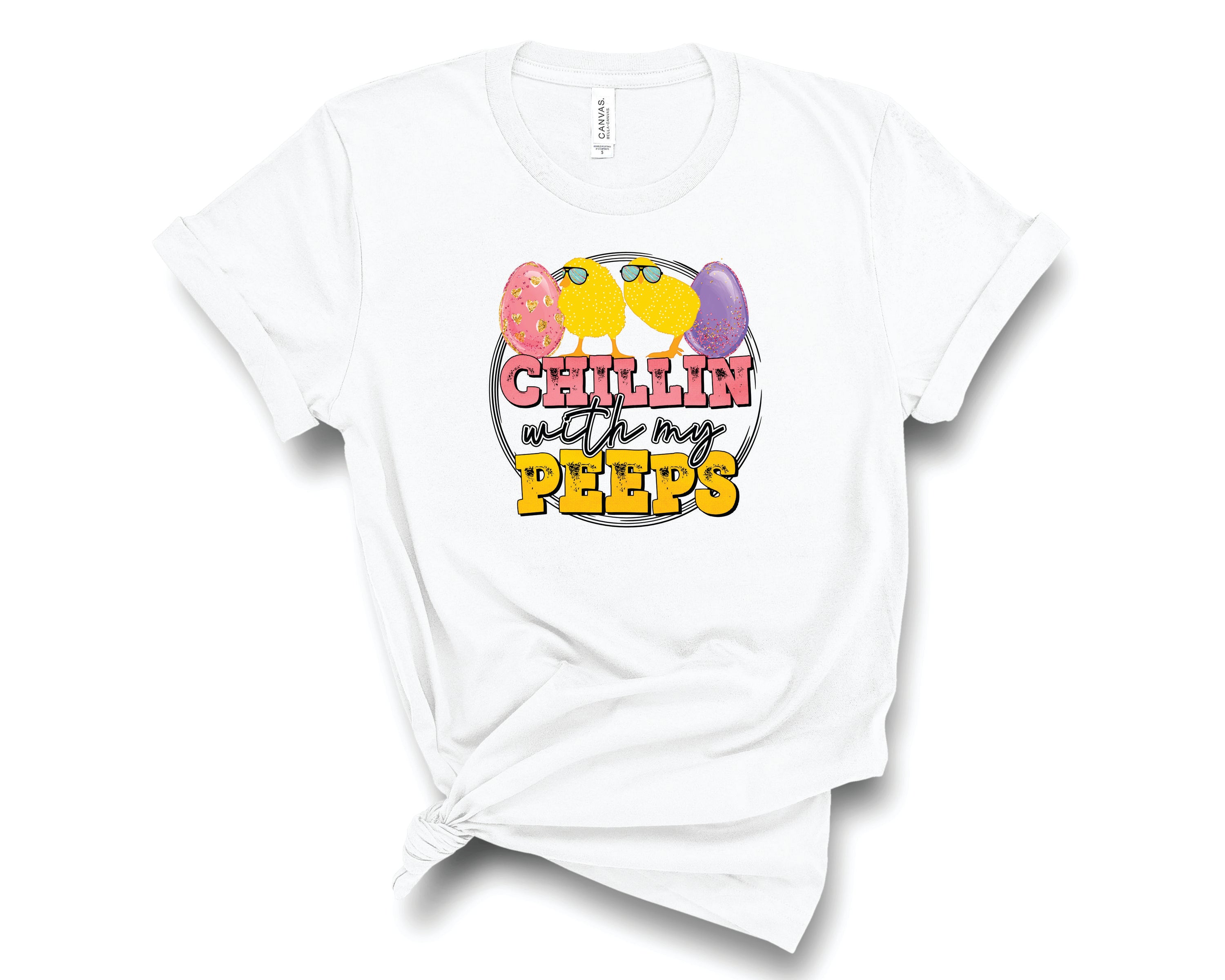 Chilling With My Peeps Circle Frame Graphic Tee displayed on a mannequin, showcasing its vibrant design and unisex fit.