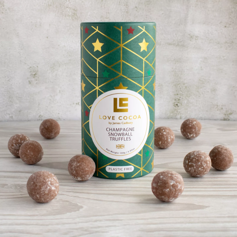 Champagne truffles with festive packaging.