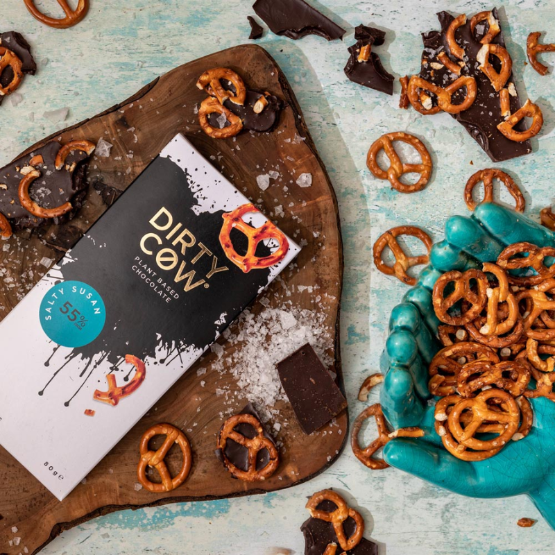 Plant-based chocolate bar with pretzels.