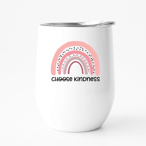 A stylish 12oz travel tumbler featuring a pink rainbow design with the phrase 'CHOOSE KINDNESS', perfect for hot or cold beverages.