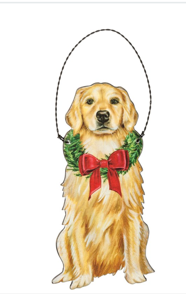Wooden Christmas ornament featuring various dog breeds with wreath and bow accents, perfect for holiday decorations.