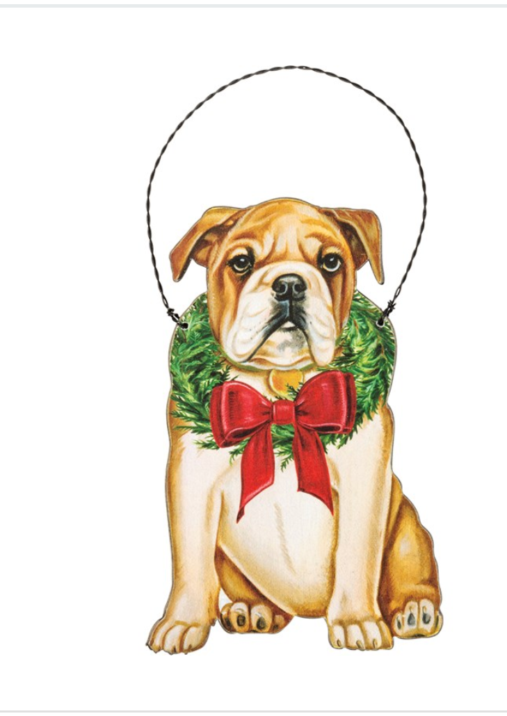 Wooden Christmas ornament featuring various dog breeds with wreath and bow accents, perfect for holiday decorations.