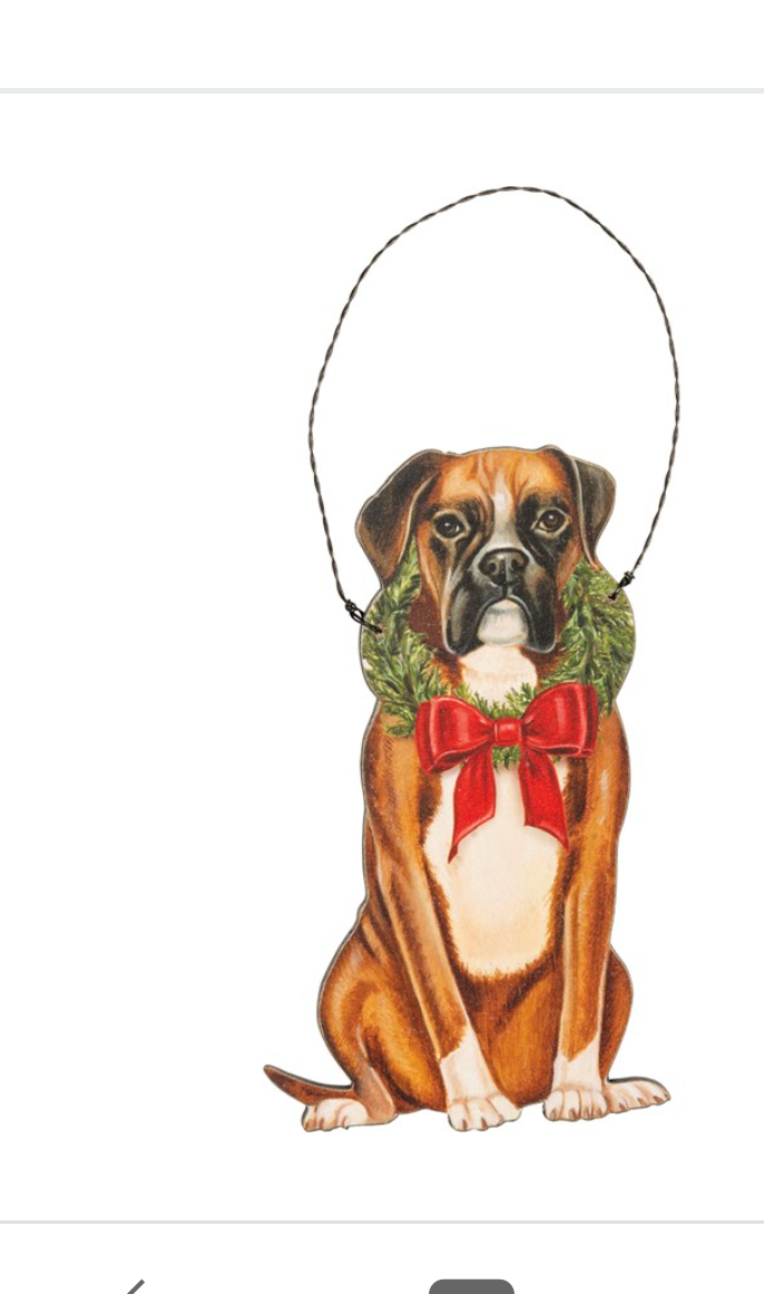 Wooden Christmas ornament featuring various dog breeds with wreath and bow accents, perfect for holiday decorations.