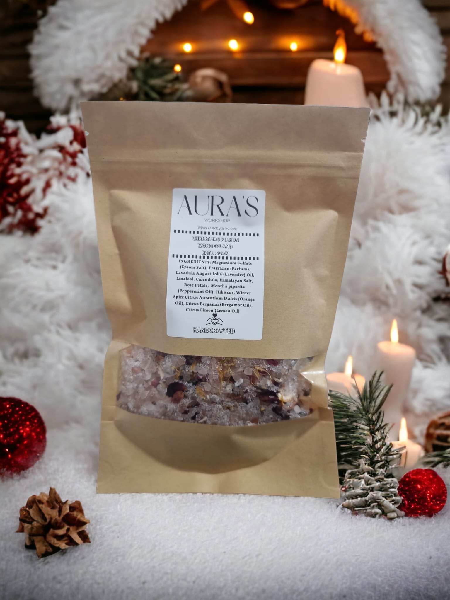 A beautifully packaged Christmas Fusion Wonderland Bath Soak featuring festive scents like pine and peppermint, perfect for holiday relaxation.