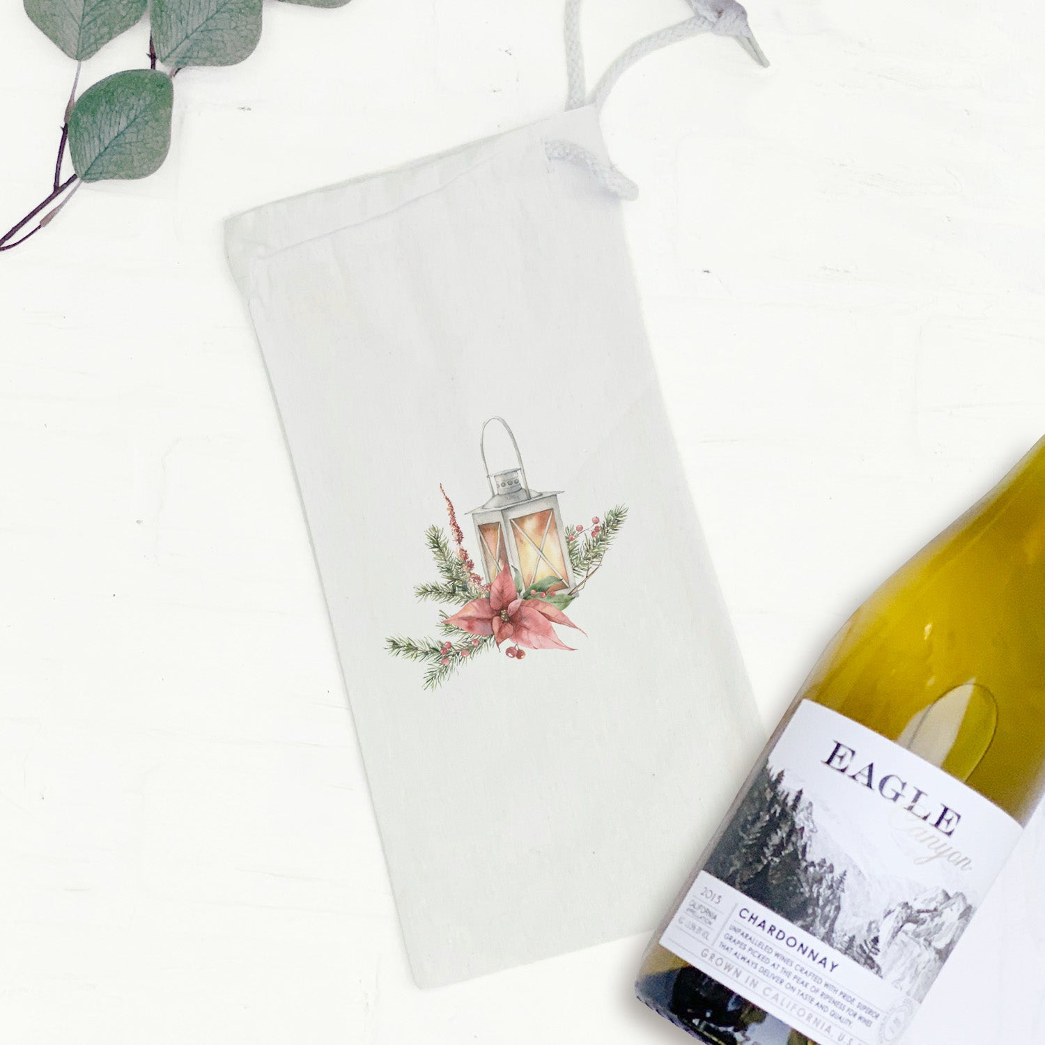 Christmas Lantern Canvas Wine Bag featuring a festive design, made of 100% cotton canvas, perfect for holding a 750mL wine bottle.