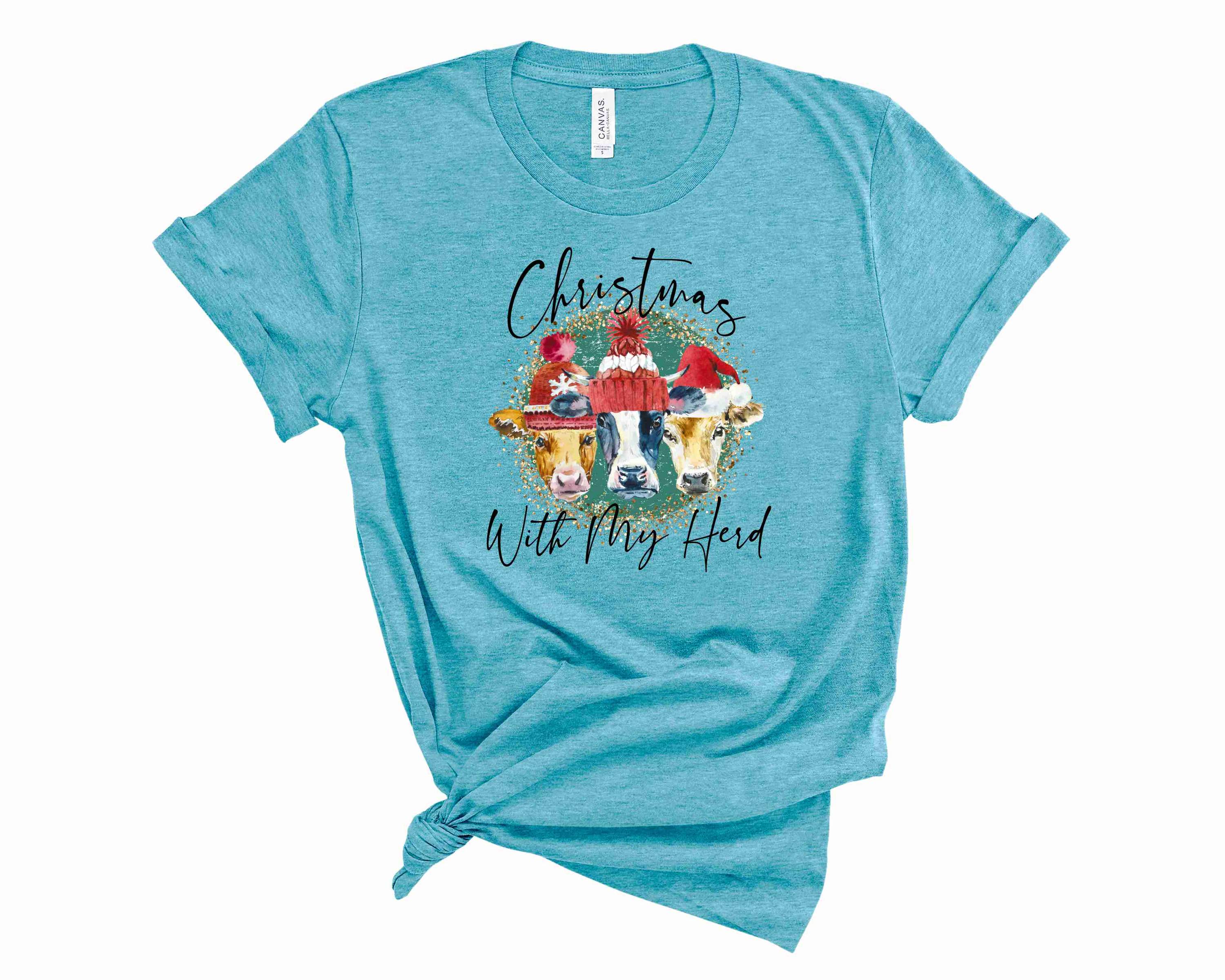 A festive unisex graphic tee featuring the text 'Christmas with my Heard' in vibrant colors, perfect for holiday celebrations.
