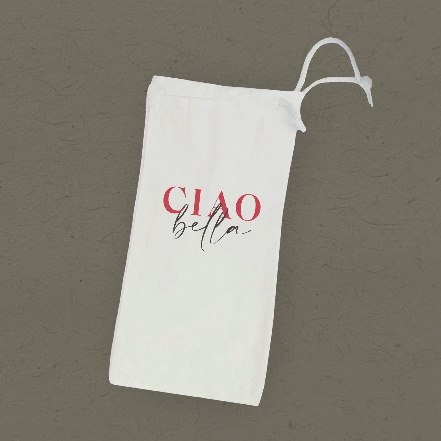 Ciao Bella Canvas Wine Bag featuring a stylish design with a matching drawstring closure, perfect for holding a 750mL wine bottle.