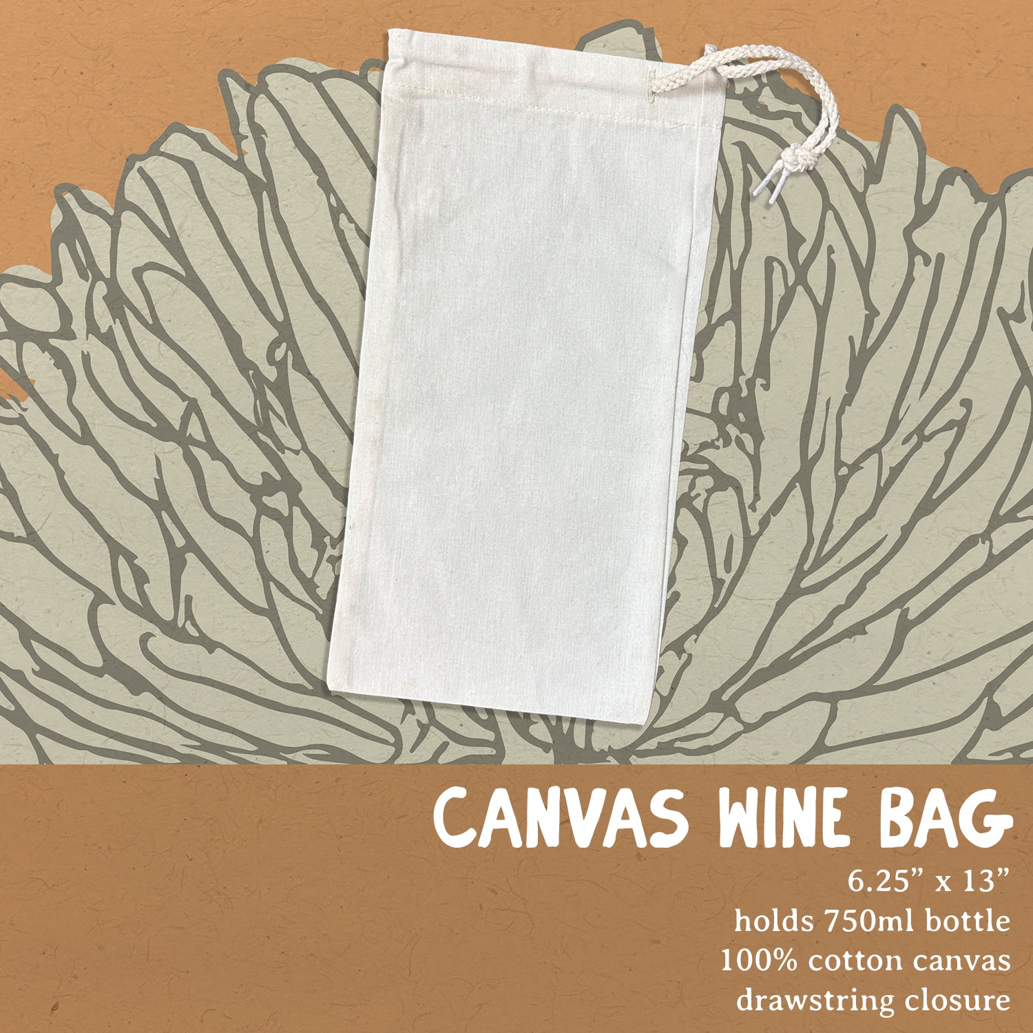 Ciao Bella Canvas Wine Bag featuring a stylish design with a matching drawstring closure, perfect for holding a 750mL wine bottle.