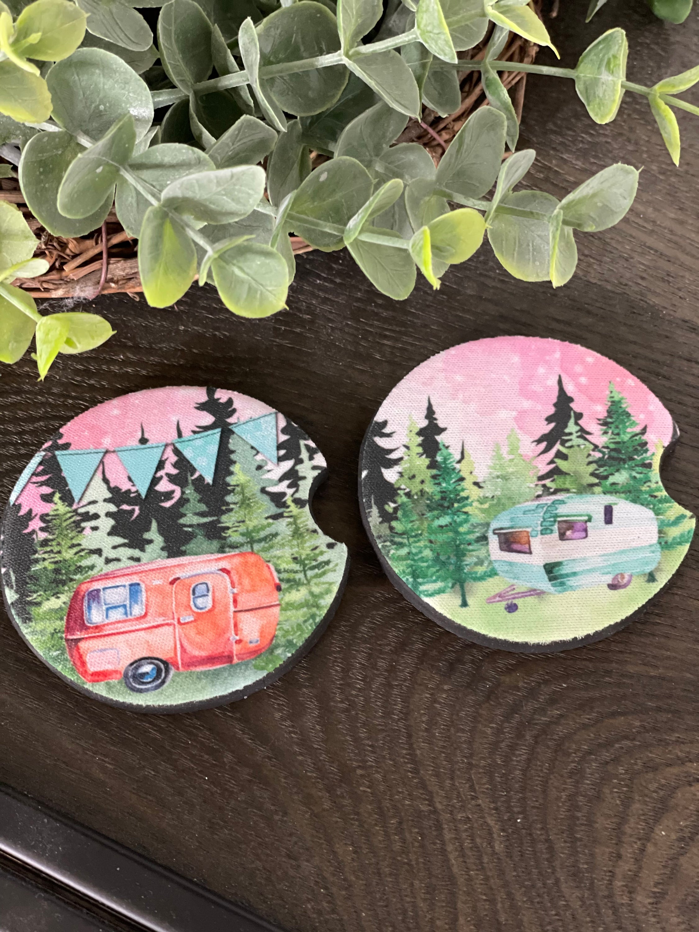 Classic Campers Neoprene Car Coaster Set featuring a vibrant camper design, perfect for car cup holders.