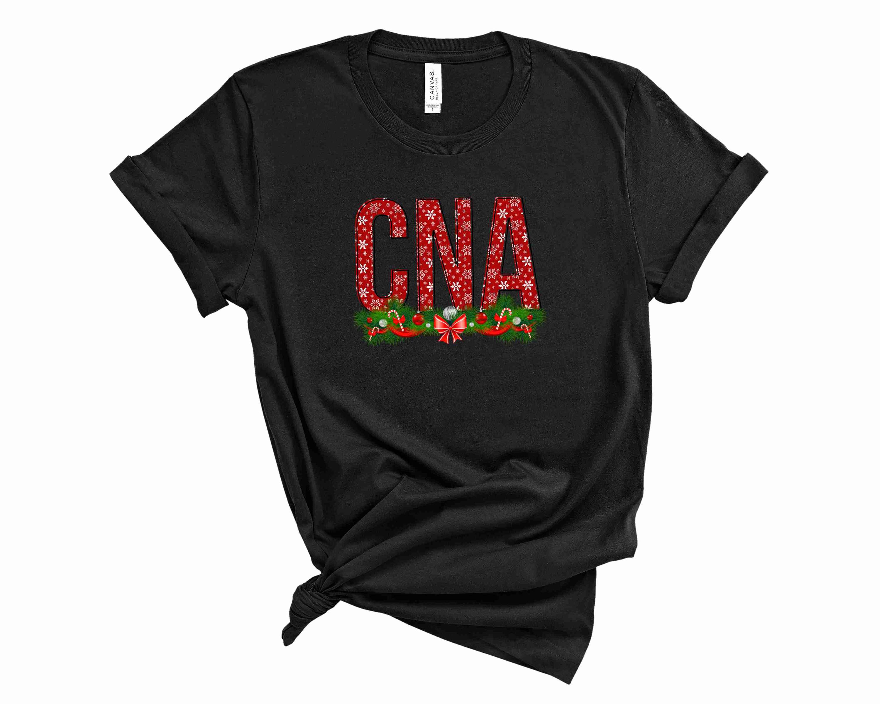 A festive unisex t-shirt featuring a CNA Christmas graphic, perfect for nursing professionals during the holiday season.