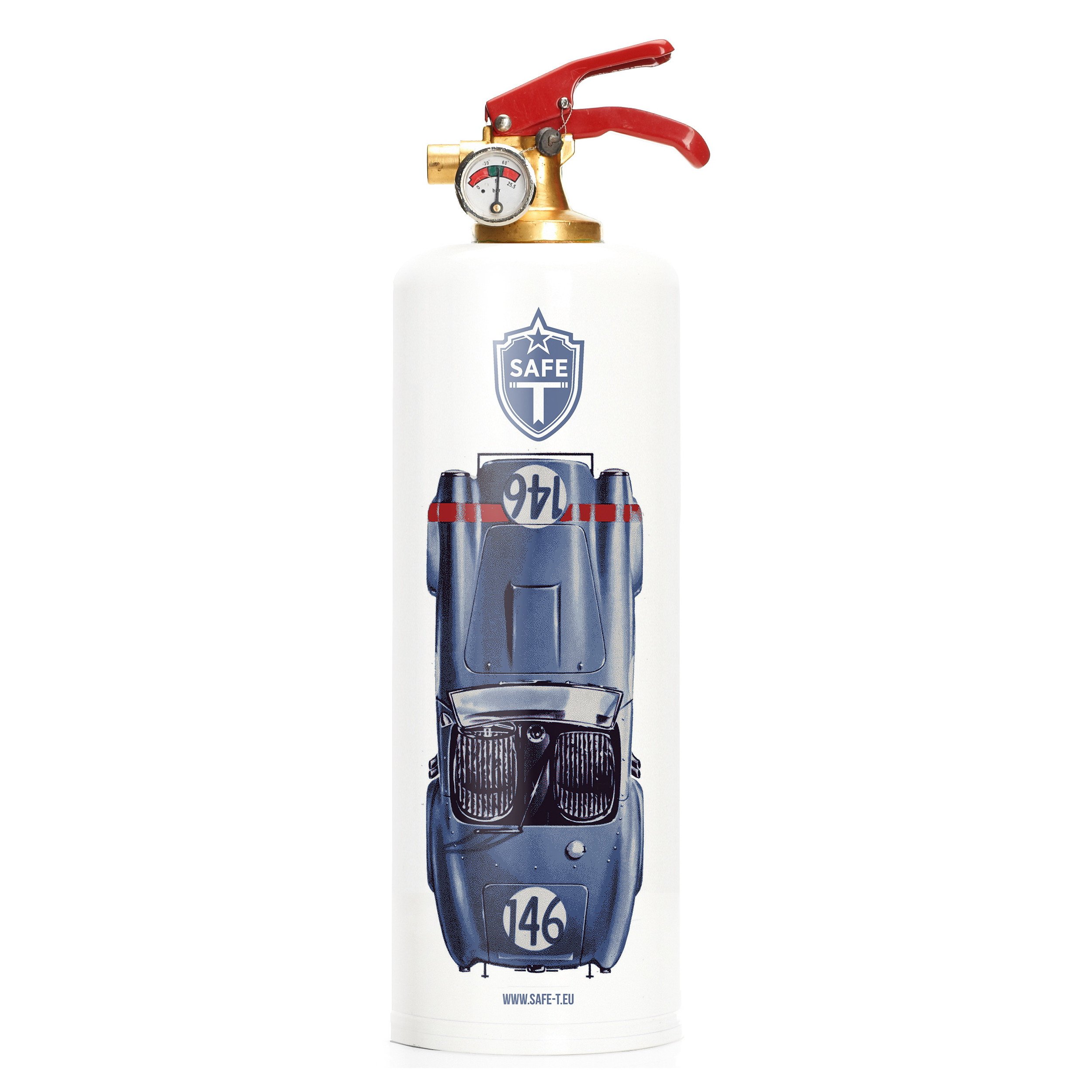 Shelby Cobra fire extinguisher featuring a sleek design made of steel and brass, elegantly displayed in a tubular wrapper.