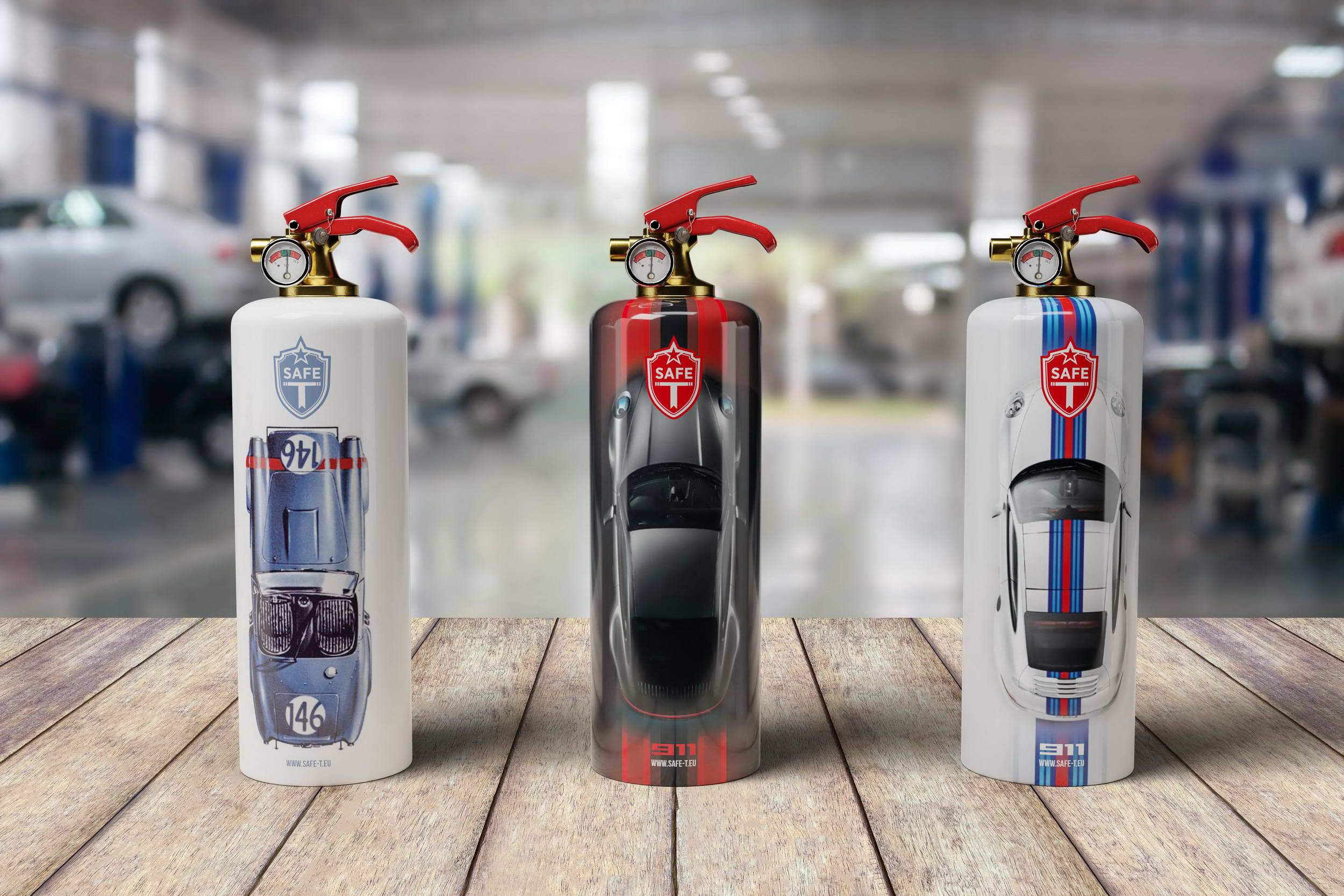 Shelby Cobra fire extinguisher featuring a sleek design made of steel and brass, elegantly displayed in a tubular wrapper.