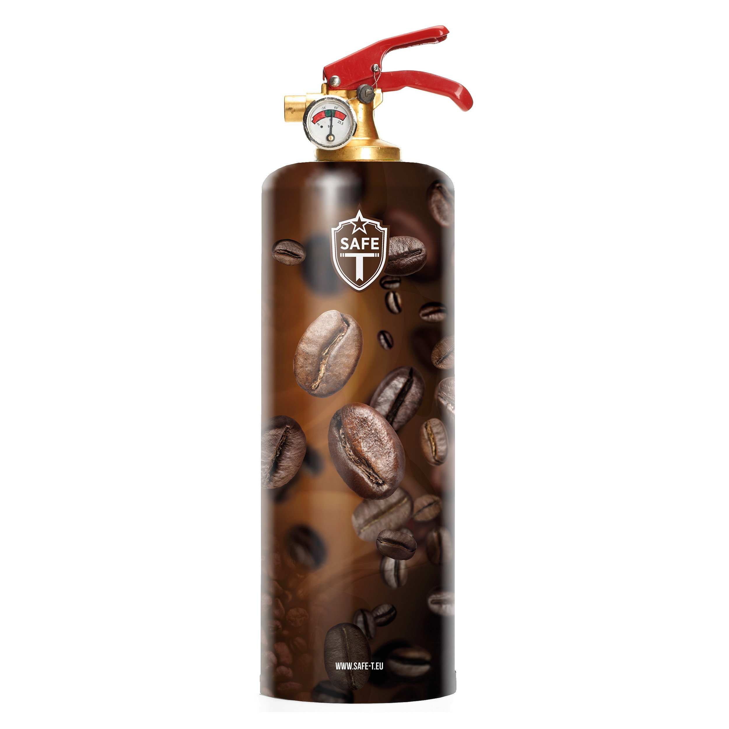 Stylish Safe-T Coffee fire extinguisher with coffee bean design, made of steel and brass, perfect for home decor.