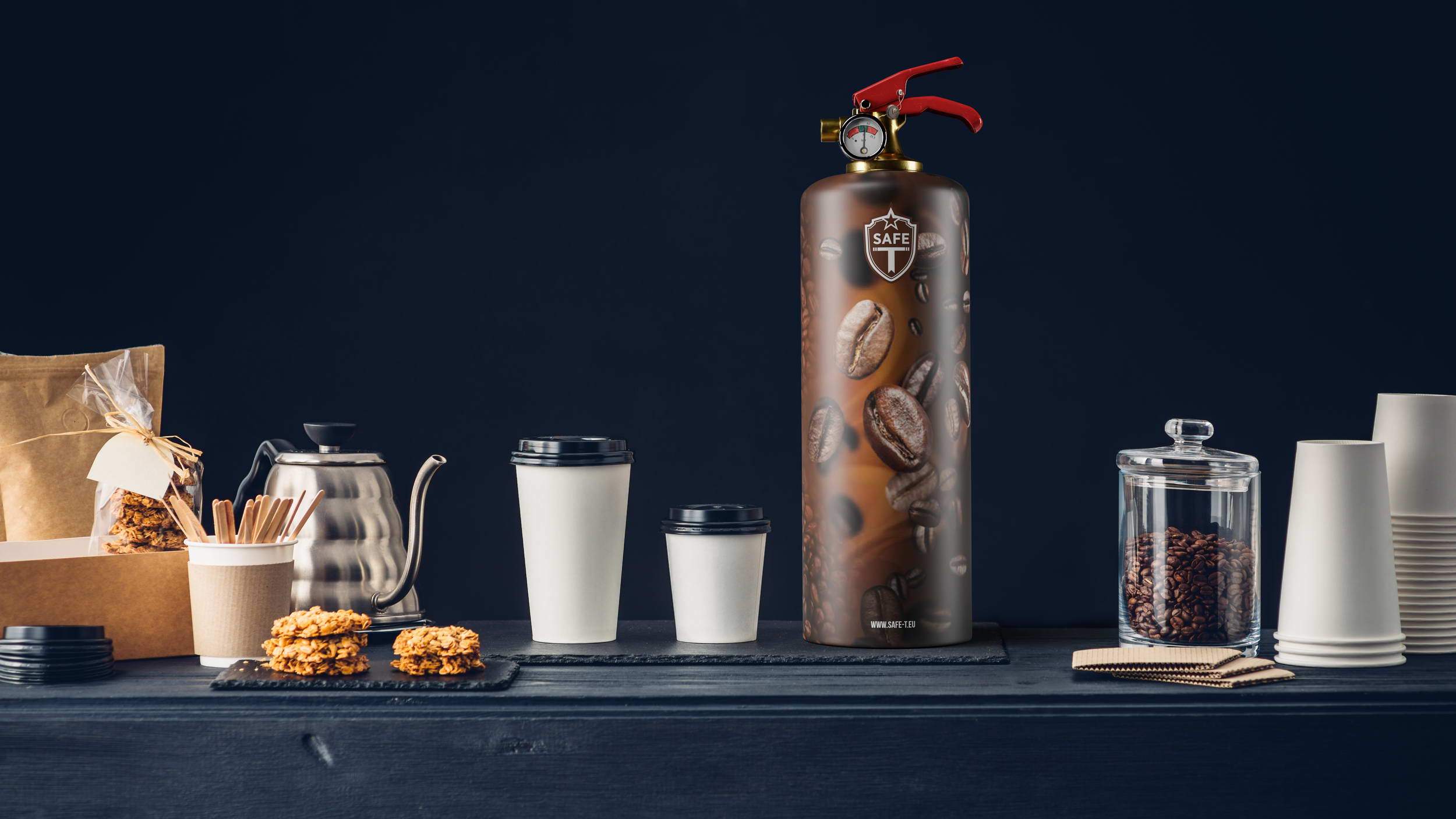 Stylish Safe-T Coffee fire extinguisher with coffee bean design, made of steel and brass, perfect for home decor.