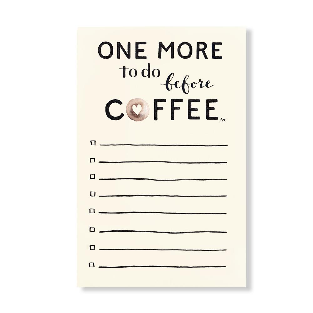 Coffee To Do Notepad with 50 pages, chipboard backing, and coffee-themed design, measuring 6.5 x 4.25 inches.