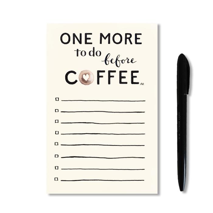 Coffee To Do Notepad with 50 pages, chipboard backing, and coffee-themed design, measuring 6.5 x 4.25 inches.