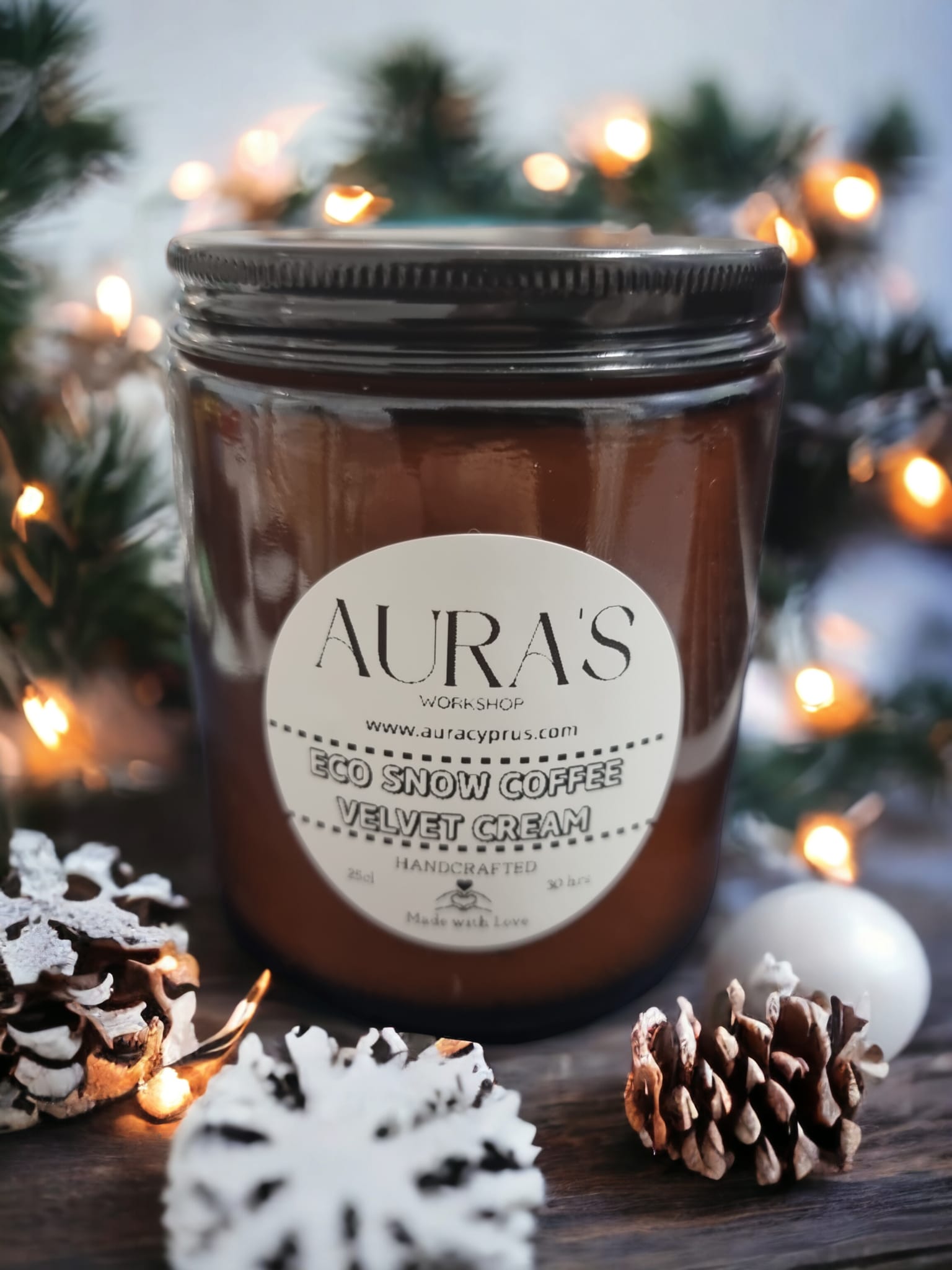 Coffee Velvet Cream Scent Eco Snow Candle in an amber glass jar, showcasing its luxurious design and inviting aroma.