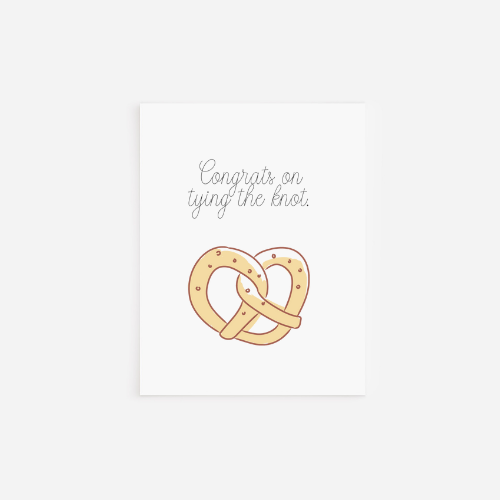 Congrats on Tying the Wedding Card featuring a humorous food pun design, blank inside for personal messages, printed on quality cardstock.