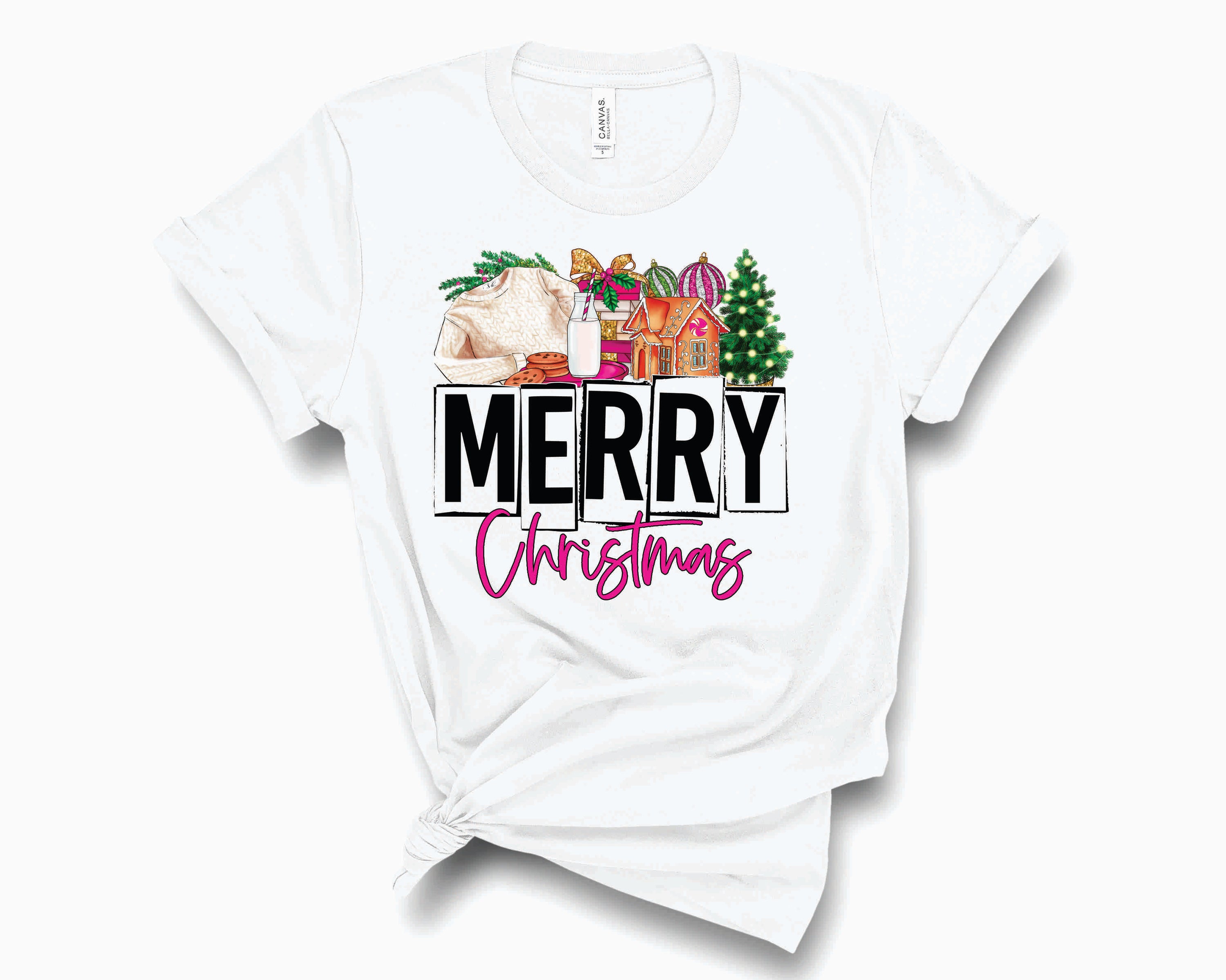 Cozy Merry Christmas Pink Graphic Tee featuring festive design and soft fabric, perfect for holiday celebrations.
