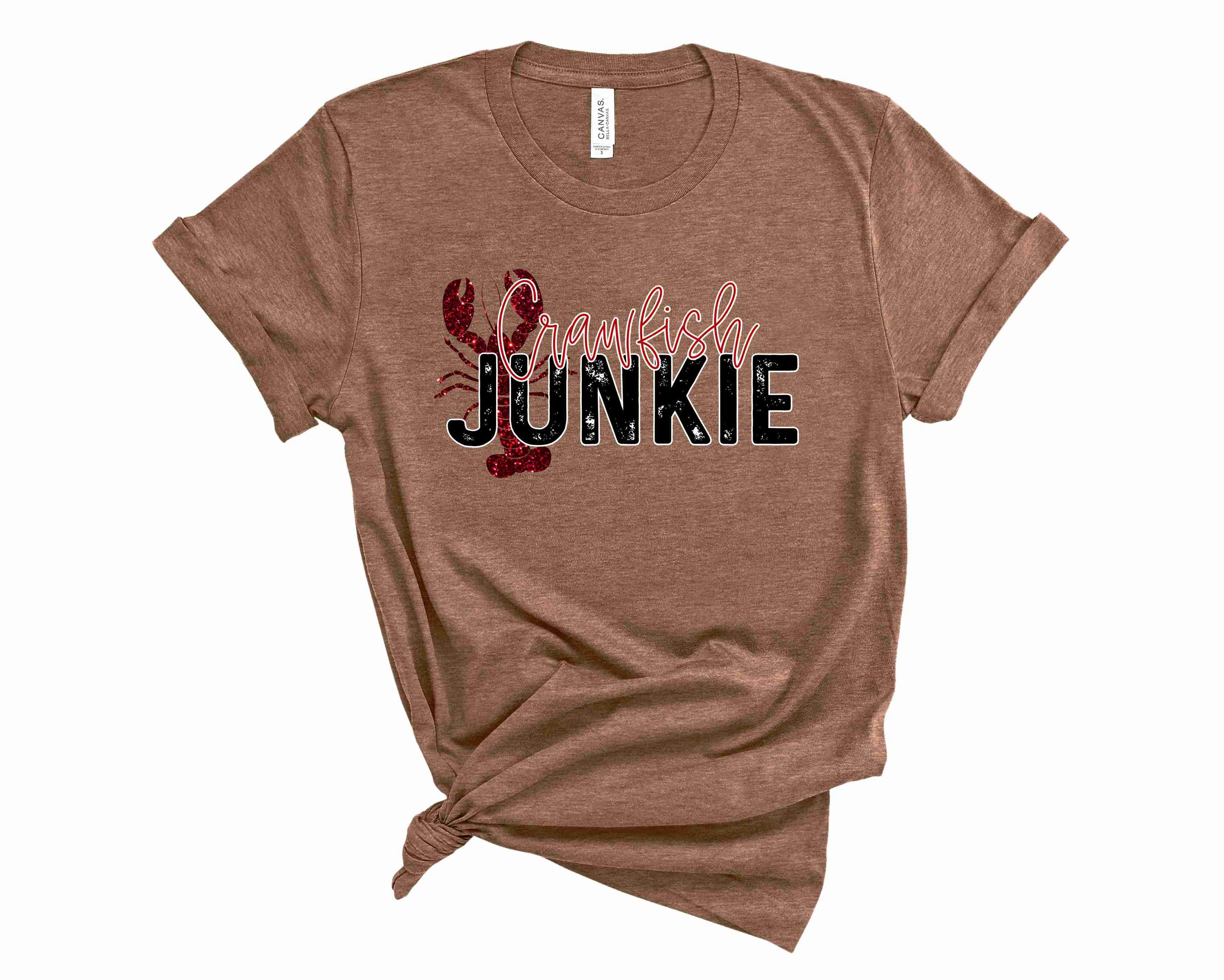 Crawfish Junkie Graphic Tee featuring a vibrant crawfish design on a unisex t-shirt.