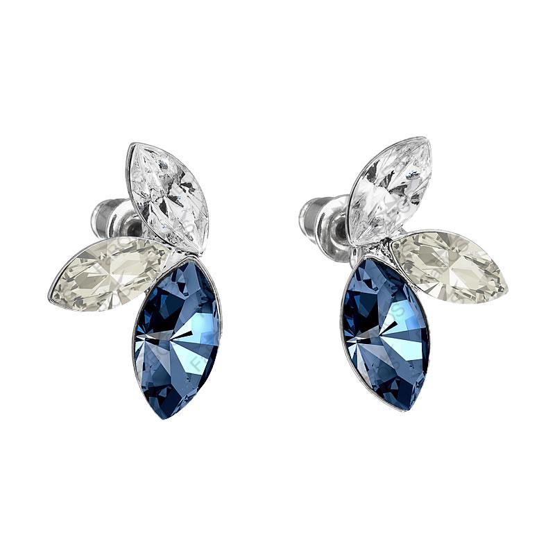 Elegant Blue Leaves Crystal Earrings featuring Swarovski® crystals, rhodium-plated brass, and silicone stoppers for comfort.