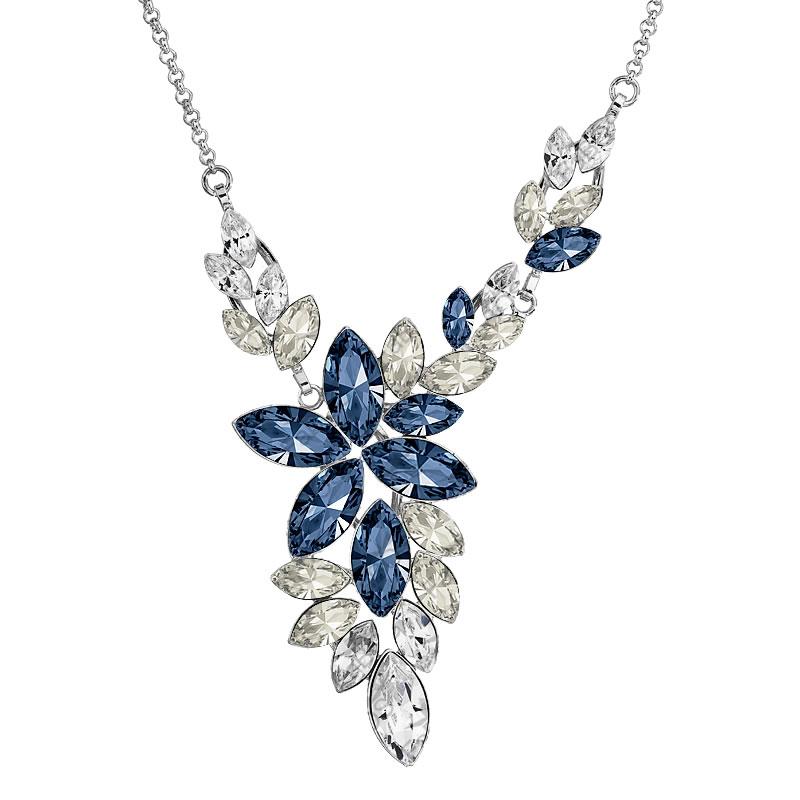 Elegant Crystal Necklace featuring blue leaves and Swarovski® crystals, beautifully crafted with a rhodium finish.