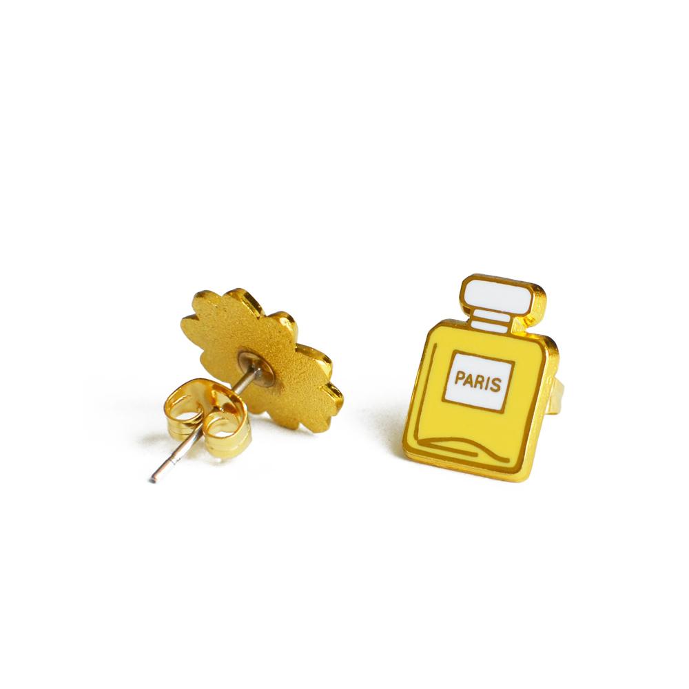 Daisy & Perfume Earrings featuring a charming design with high-quality hard enamel and a butterfly stopper, presented on a backing card.