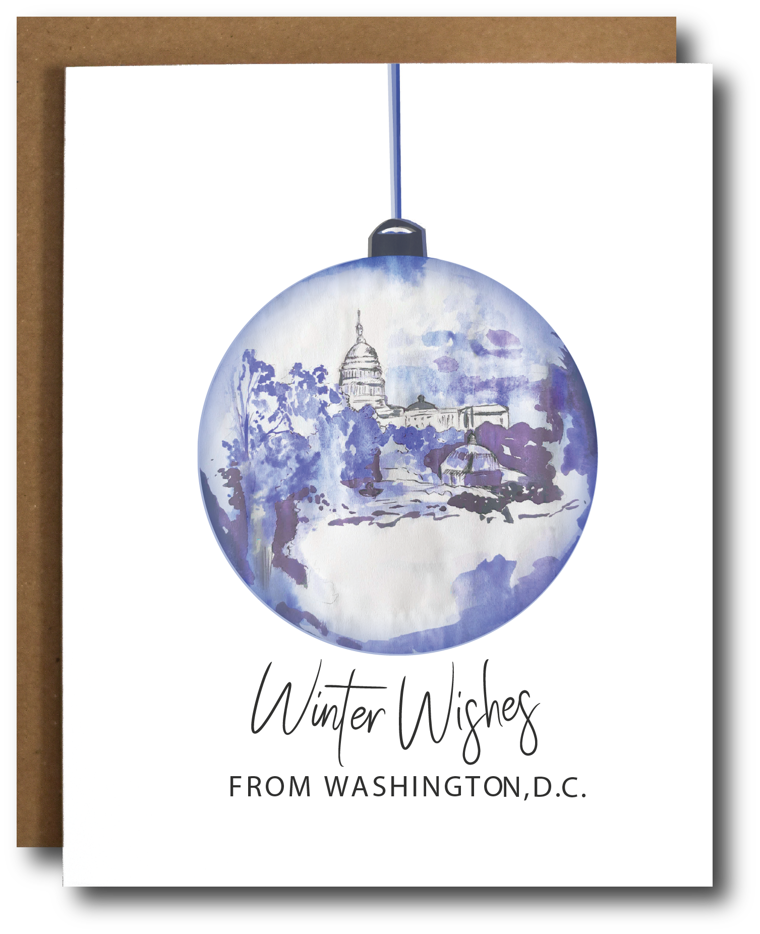 A festive DC Christmas Ornament Card featuring a Washington DC ornament design, accompanied by a brown recycled kraft envelope and sleeve.