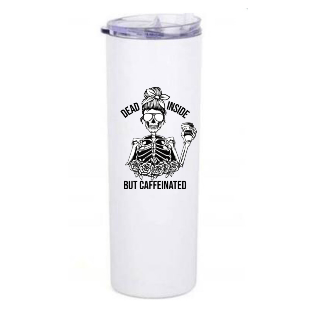DEAD INSIDE 20oz skinny travel tumbler in stainless steel with sliding lid and straw, perfect for hot and cold beverages.