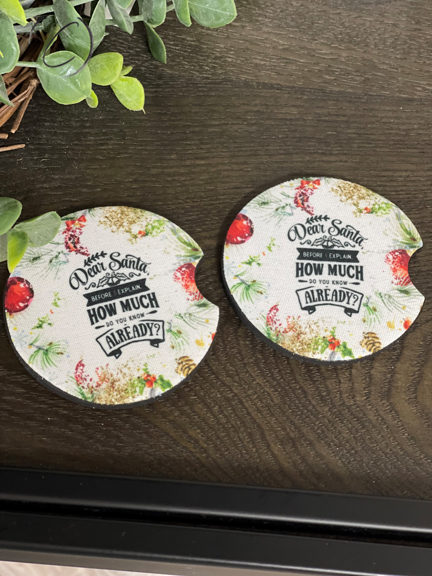 Dear Santa neoprene car coaster set featuring a festive design, perfect for holiday-themed car decor.