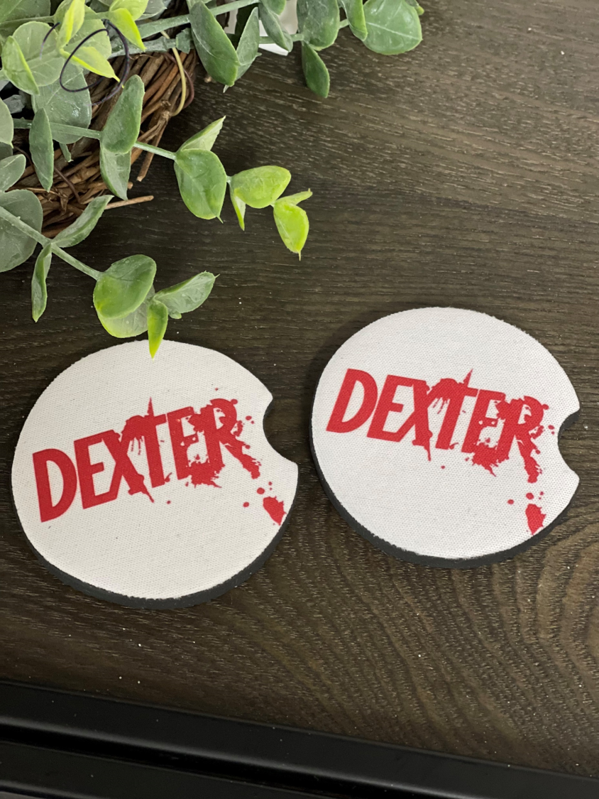 Dexter Car Coaster Set featuring high-quality neoprene material, designed to fit standard cup holders.