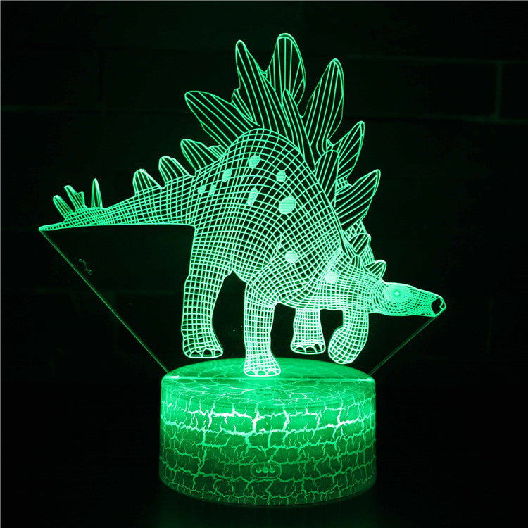 A creative 3D desk lamp featuring a dinosaur design, showcasing its acrylic light guide and ABS base, perfect for illuminating any space.