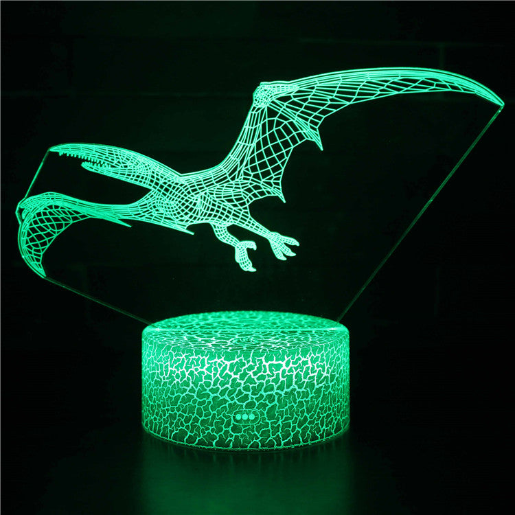 A creative 3D desk lamp featuring a dinosaur design, showcasing its acrylic light guide and ABS base, perfect for illuminating any space.