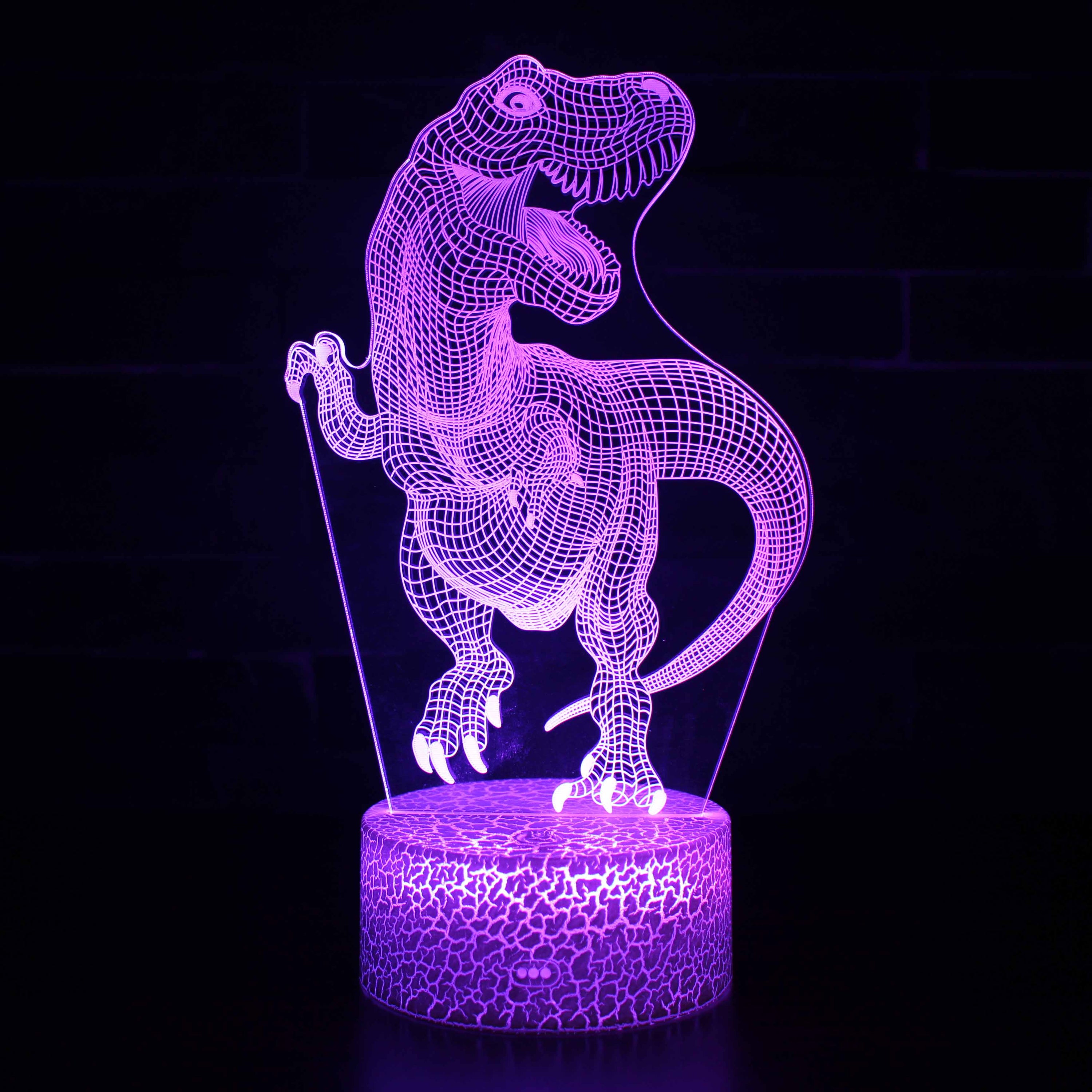 A creative 3D desk lamp featuring a dinosaur design, showcasing its acrylic light guide and ABS base, perfect for illuminating any space.