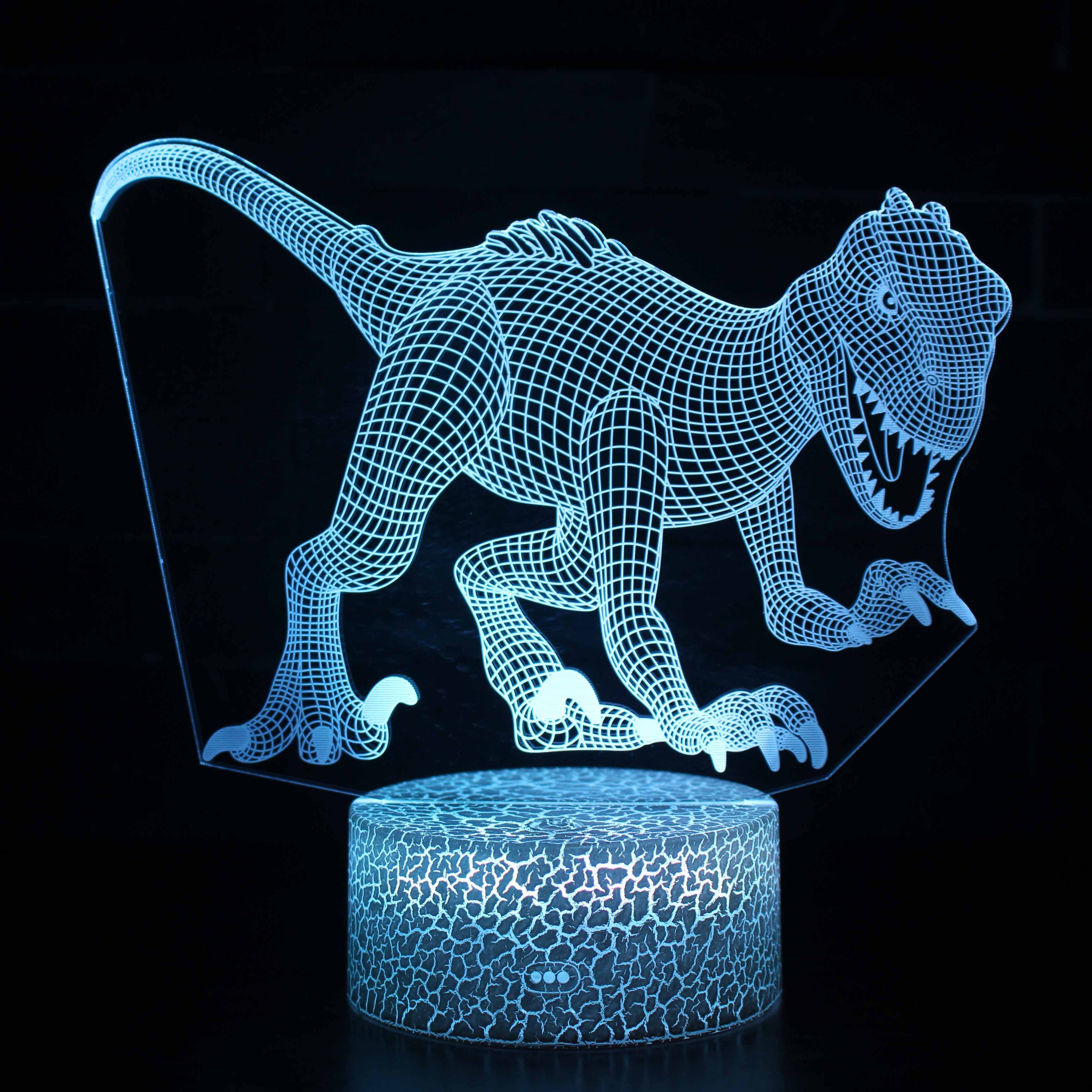 A creative 3D desk lamp featuring a dinosaur design, showcasing its acrylic light guide and ABS base, perfect for illuminating any space.