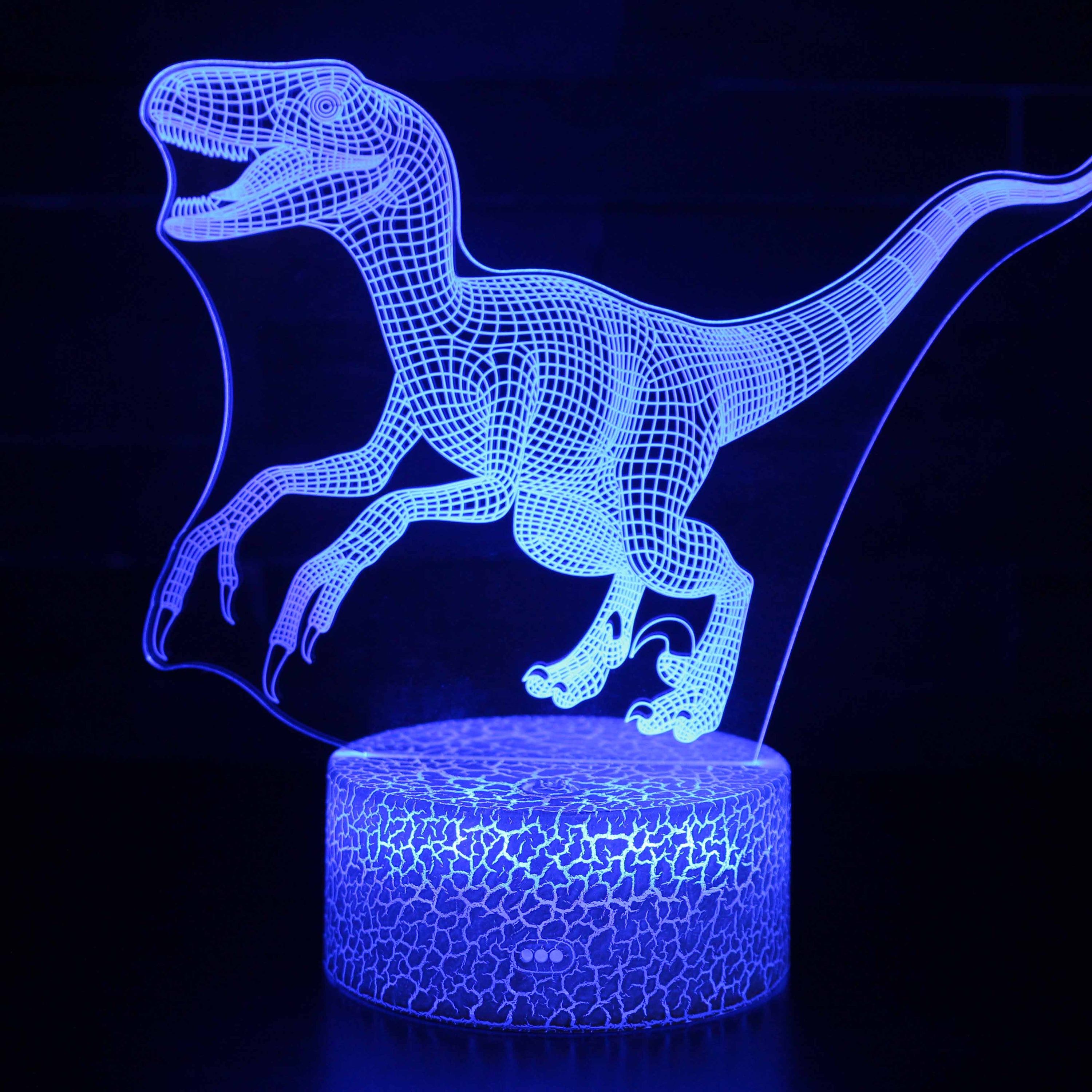 A creative 3D desk lamp featuring a dinosaur design, showcasing its acrylic light guide and ABS base, perfect for illuminating any space.
