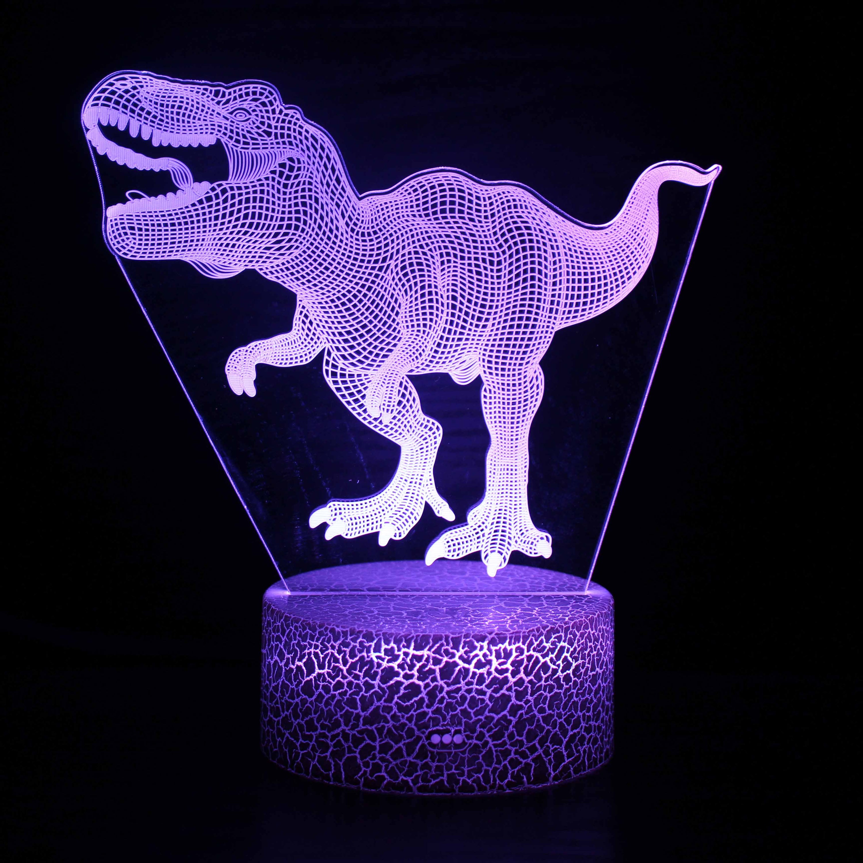 A creative 3D desk lamp featuring a dinosaur design, showcasing its acrylic light guide and ABS base, perfect for illuminating any space.