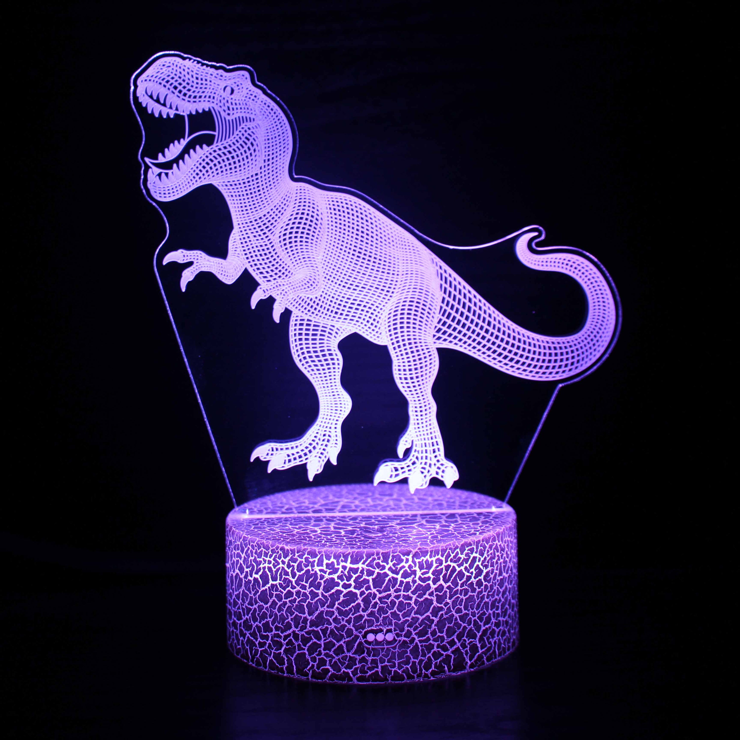 A creative 3D desk lamp featuring a dinosaur design, showcasing its acrylic light guide and ABS base, perfect for illuminating any space.