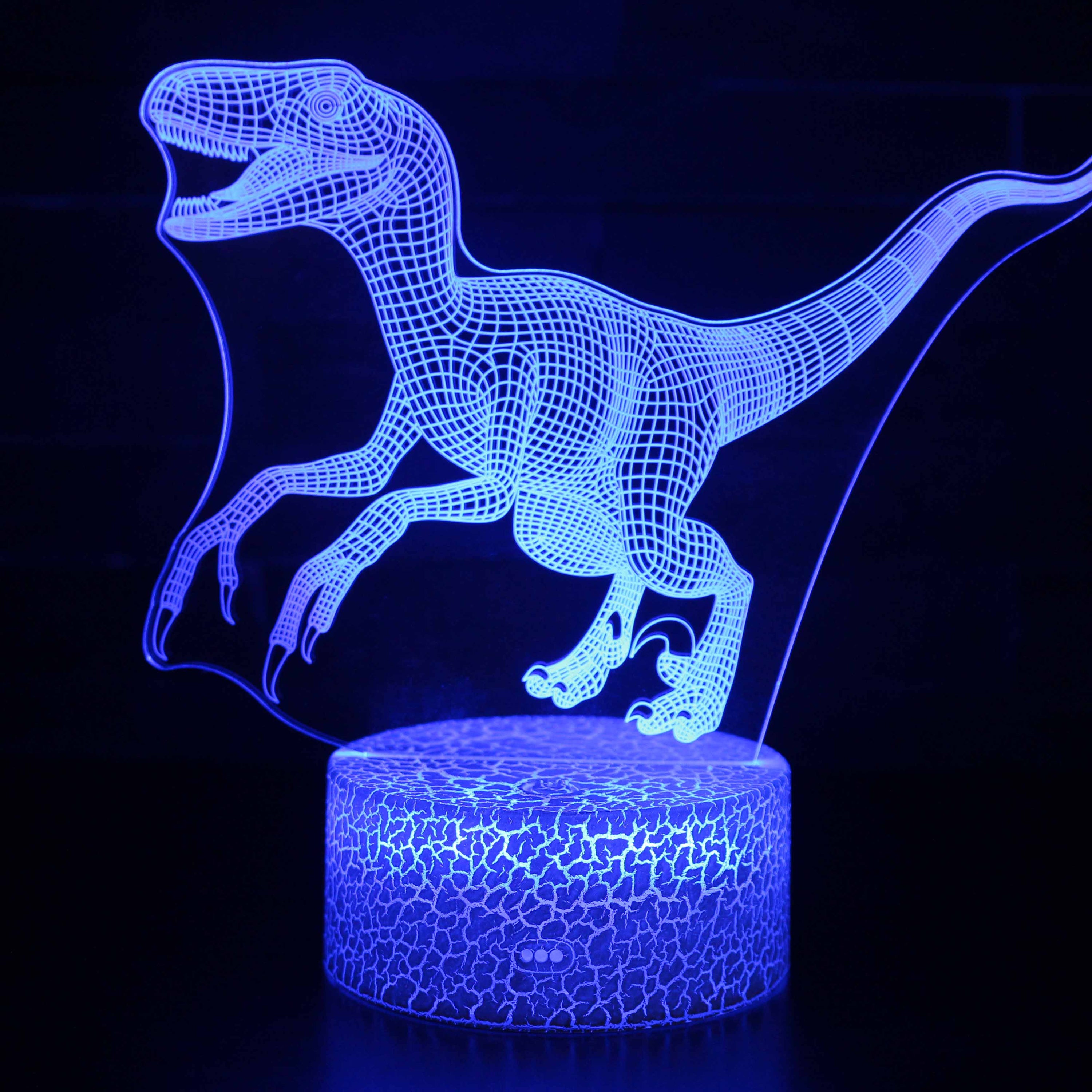 A creative 3D desk lamp featuring a dinosaur design, showcasing its acrylic light guide and ABS base, perfect for illuminating any space.
