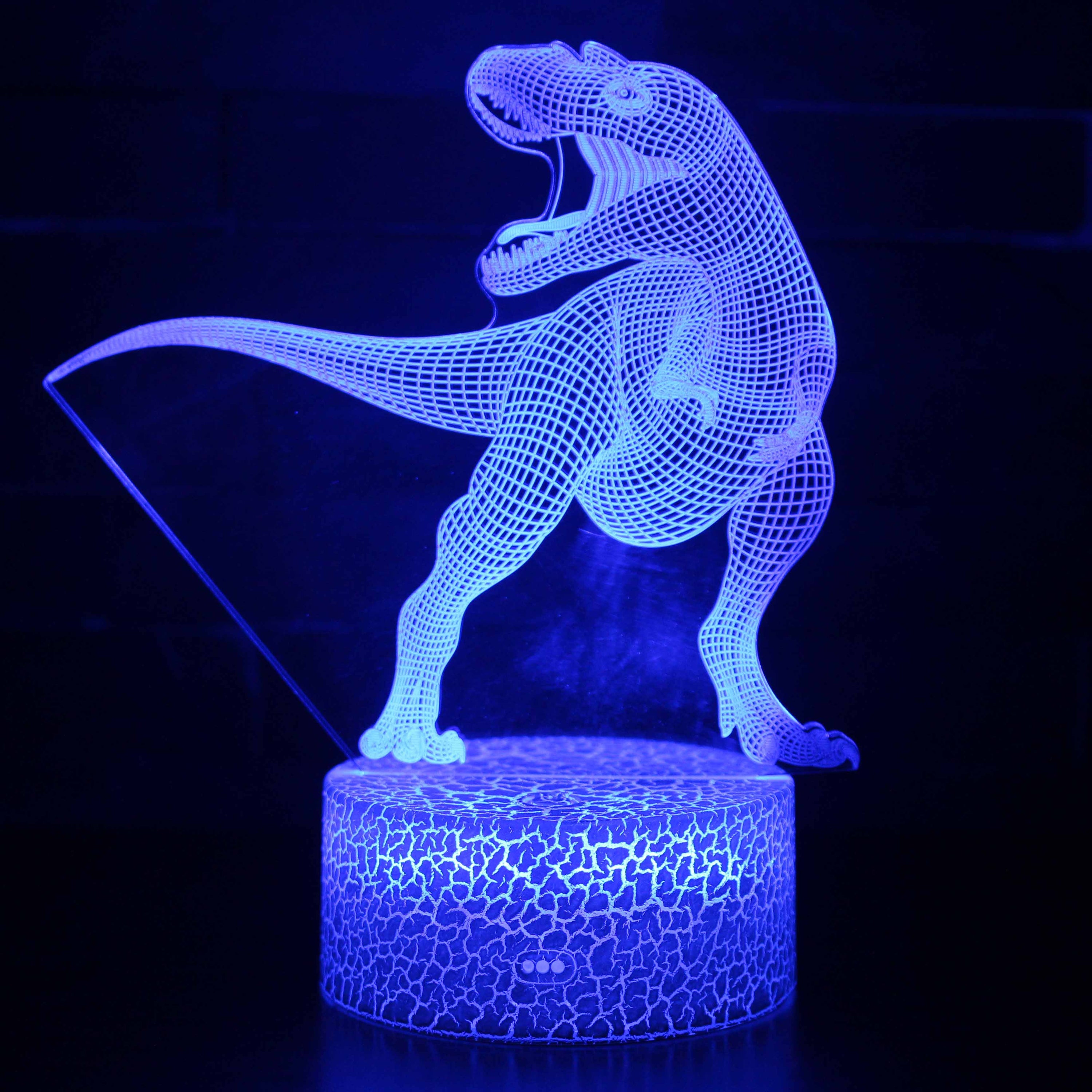 A creative 3D desk lamp featuring a dinosaur design, showcasing its acrylic light guide and ABS base, perfect for illuminating any space.