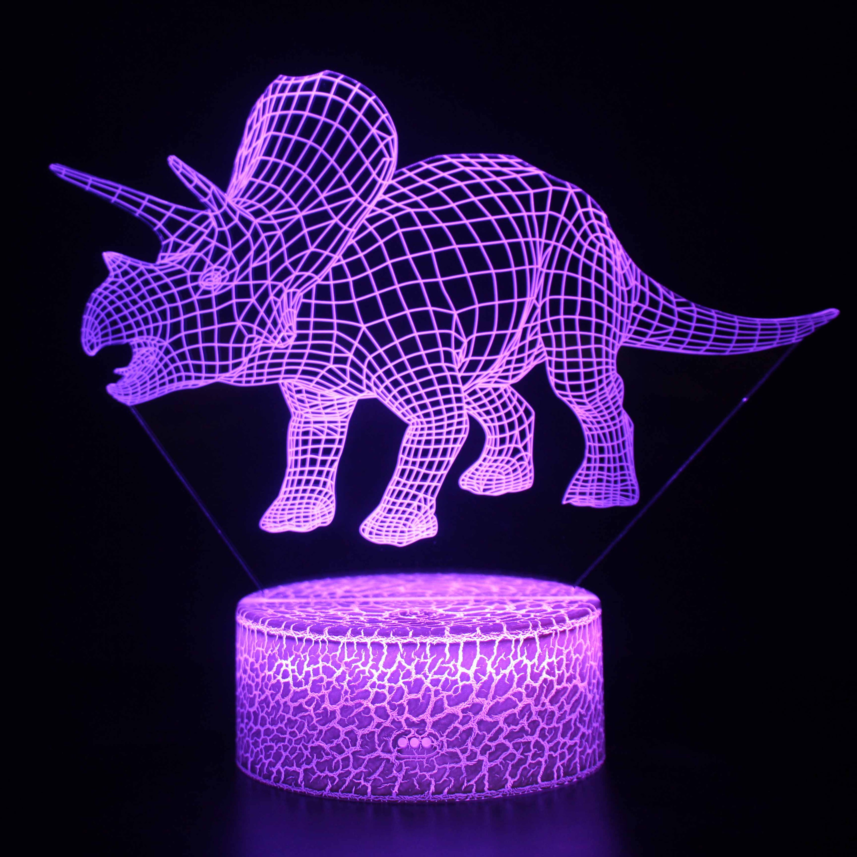A creative 3D desk lamp featuring a dinosaur design, showcasing its acrylic light guide and ABS base, perfect for illuminating any space.