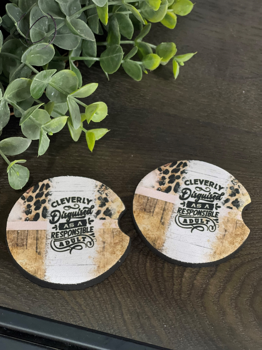 Disguised As An Adult car coaster set featuring a unique design, made of durable neoprene material, perfect for cup holders.