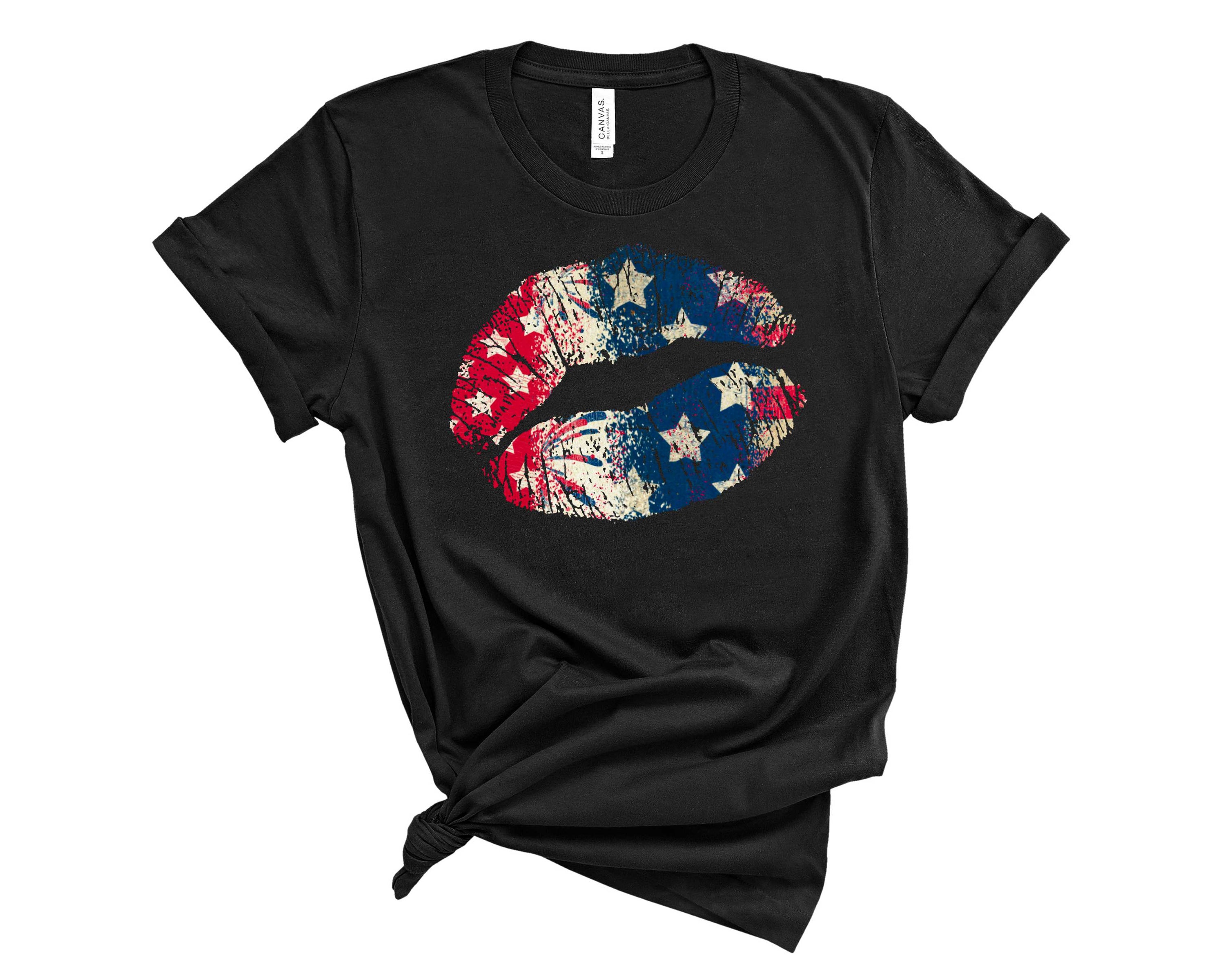 A unisex graphic tee featuring a distressed design of lips integrated with the American flag, showcasing a trendy and patriotic style.