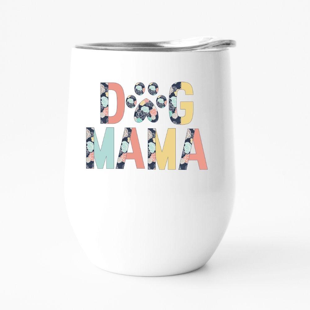DOG MAMA floral print 12oz travel tumbler featuring a vibrant floral design, perfect for dog lovers.